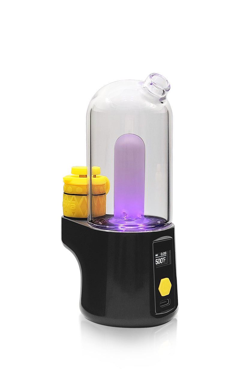 a device with a purple light inside & yellow buttton outside